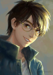 Rule 34 | 1boy, blue jacket, brown hair, buttons, collarbone, collared jacket, commentary, english commentary, eyelashes, glasses, grey background, jacket, long sleeves, looking at viewer, maosishu, open mouth, original, portrait, realistic, round eyewear, shirt, short hair, smile, sunlight, teeth, thick eyebrows, white shirt, yellow-framed eyewear