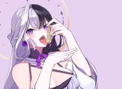 Rule 34 | 1girl, absurdres, algorhythm project, black hair, commission, condom, detached sleeves, eileennoir, highres, purple eyes, purple ribbon, ribbon, skeb commission, tongue, tongue out, used condom, virtual youtuber, white hair, white sleeves, yanagui