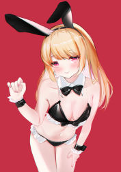 Rule 34 | 1girl, absurdres, animal ears, bad id, bad pixiv id, bare arms, bikini, black bikini, black bow, blonde hair, blush, bow, bowtie, breasts, cleavage, collarbone, cowboy shot, detached sleeves, fake animal ears, frilled bikini, frills, highres, leotard, long hair, looking at viewer, midriff, navel, original, playboy bunny, rabbit ears, red background, red eyes, simple background, small breasts, solo, swimsuit, thighs, usagi (786113654), wrist cuffs