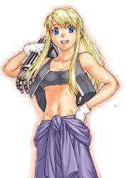 Rule 34 | 00s, 1girl, bandeau, blonde hair, blue eyes, breasts, cleavage, clothes around waist, earrings, fullmetal alchemist, gloves, hand on own hip, jewelry, lithiumia, mechanic, midriff, muscular, open mouth, ponytail, solo, strapless, sweat, tomboy, tube top, underboob, vest, white gloves, winry rockbell