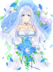 Rule 34 | 1girl, absurdres, azur lane, bare shoulders, belfast (azur lane), belfast (the pledge of claddagh) (azur lane), belfast (the pledge of claddagh) (azur lane), blue eyes, blue flower, blue rose, bouquet, braid, breasts, bridal veil, bride, chain, cleavage, collarbone, commentary request, dress, earrings, flower, french braid, gold chain, highres, holding, holding bouquet, jewelry, large breasts, long hair, mogu (kuromezennkainopokke), rose, silver collar, silver hair, solo, strapless, strapless dress, tiara, veil, wedding dress, white dress