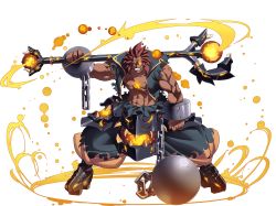 Rule 34 | 1boy, abs, awakening (sennen sensou aigis), ball and chain restraint, boots, brown hair, chain, clenched hand, dark-skinned male, dark skin, fighting stance, fire, flaming eyes, full body, highres, holding, holding weapon, legs apart, looking at viewer, male focus, muscular, official art, over shoulder, robert (sennen sensou aigis), scar, sennen sensou aigis, spiked hair, standing, tasaka shinnosuke, transparent background, weapon, wide stance