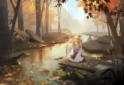 Rule 34 | 1girl, arm up, autumn leaves, blonde hair, blue sky, blurry, commentary request, day, depth of field, expressionless, forest, frog, hand on headwear, hand on own leg, hat, indian style, janyo, leaf, lily pad, long hair, long sleeves, looking down, maple leaf, maple tree, moriya suwako, nature, outdoors, pier, purple skirt, purple vest, rock, shirt, sidelocks, sitting, skirt, sky, sleeves past fingers, sleeves past wrists, solo, stream, touhou, tree, twilight, vest, water, waterfall, white shirt, wide sleeves, yellow eyes