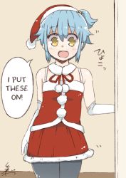 Rule 34 | :d, black legwear, blue hair, christmas, commentary request, elbow gloves, gloves, hard-translated, hat, open mouth, pantyhose, personification, pom pom (clothes), santa costume, santa hat, side ponytail, signature, skirt, smile, third-party edit, translated, tsukigi, twitter, white gloves, yellow eyes