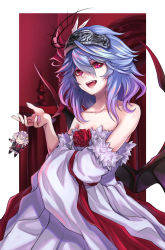 Rule 34 | 1girl, :d, adapted costume, bare shoulders, bat wings, blue hair, border, collarbone, commentary request, cowboy shot, detached sleeves, dress, fang, flower, fur-trimmed sleeves, fur trim, gradient hair, hair between eyes, hair ribbon, hand up, highres, izayoi sakuya, charm (object), long sleeves, looking at viewer, multicolored hair, no headwear, o o, open mouth, outside border, purple hair, re (re 09), red eyes, red flower, red ribbon, red rose, remilia scarlet, ribbon, rose, short hair, smile, solo, standing, strapless, strapless dress, touhou, white border, white dress, wide sleeves, wings