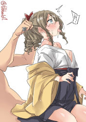 Rule 34 | 1boy, 1girl, bare shoulders, blue eyes, blush, bow, breasts, brown hair, cowboy shot, drill hair, drooling, ebifurya, from side, grabbing, hair bow, hakama, hakama short skirt, hakama skirt, hatakaze (kancolle), highres, implied sex, japanese clothes, kantai collection, long sleeves, medium breasts, meiji schoolgirl uniform, off shoulder, open mouth, red bow, saliva, side drill, simple background, skirt, sweat, tears, tongue, tongue out, twitter username, white background, wide sleeves