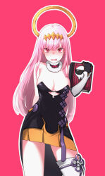 Rule 34 | 1girl, arm behind back, black dress, black gloves, blush, book, breasts, cleavage, cosplay, detached sleeves, dress, gloves, halo, highres, holding, holding book, hololive, hololive english, large breasts, long hair, long sleeves, looking at viewer, mori calliope, ninomae ina&#039;nis, ninomae ina&#039;nis (1st costume), ninomae ina&#039;nis (cosplay), open mouth, pink hair, red eyes, simple background, single detached sleeve, single thighhigh, solo, standing, tenbin gashira, thighhighs, very long hair, virtual youtuber