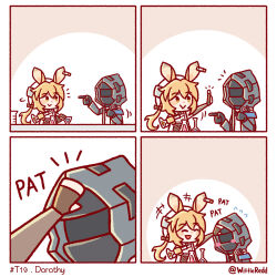 Rule 34 | 1girl, 1other, 4koma, ambiguous gender, animal ears, arknights, asymmetrical gloves, beaker, black coat, black gloves, black jacket, blonde hair, blush, chibi, coat, comic, commentary, doctor (arknights), dorothy (arknights), ear tag, english commentary, english text, gloves, headpat, helm, helmet, highres, hood, hood up, hooded coat, hooded jacket, jacket, long hair, low ponytail, mismatched gloves, mouse ears, mouse girl, smile, test tube, twitter username, very long hair, volumetric flask, white coat, white headwear, wittle red, yellow eyes, yellow gloves