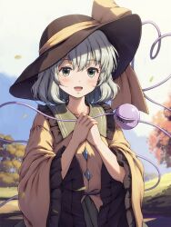 Rule 34 | 1girl, :d, black hat, bow, buttons, collared shirt, commentary request, diamond button, eyeball, frilled sleeves, frills, green eyes, grey hair, happy, hat, hat bow, highres, kinoniku, komeiji koishi, long sleeves, medium hair, open mouth, outdoors, shirt, smile, solo, third eye, touhou, tree, wide sleeves, yellow bow, yellow shirt