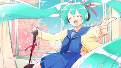 Rule 34 | 1girl, :d, blue hair, cardigan, cherry blossoms, closed eyes, curtains, falling petals, fisheye, hair ribbon, hatsune miku, headphones, high heels, highres, holding, holding microphone, long hair, microphone, microphone stand, midriff peek, mikona honey, nail polish, neckerchief, open mouth, petals, pleated skirt, pointing, pointing at viewer, ribbon, school uniform, serafuku, skirt, sky, smile, solo, standing, standing on one leg, tree, twintails, very long hair, vocaloid, window