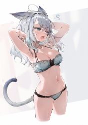 Rule 34 | 1girl, ;o, ahoge, animal ears, armpits, arms up, bare arms, bare shoulders, bra, breasts, cat ears, cat girl, cat tail, cleavage, collarbone, commentary, cropped legs, fang, grey bra, grey panties, groin, halterneck, halterneck, highres, lingerie, looking away, medium breasts, mixed-language commentary, navel, one eye closed, open mouth, original, panties, solo, standing, stomach, string bra, tail, thighs, underwear, underwear only, white background, yatsuha (hachiyoh)