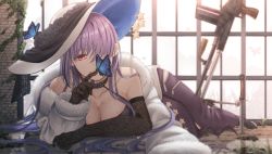 Rule 34 | 1girl, bad id, bad pixiv id, bare shoulders, black choker, black gloves, blue hat, breasts, bug, butterfly, choker, cleavage, closed mouth, collarbone, dress, elbow gloves, floor, full body, girls&#039; frontline, gloves, hair between eyes, hat, insect, knife, large breasts, long hair, looking at viewer, lying, multicolored clothes, multicolored hat, on stomach, purple dress, purple eyes, purple hair, rabb horn, solo, wall, white hat, window, zb-26 (girls&#039; frontline), zb 26