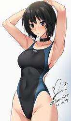 Rule 34 | 1girl, amagami, arm behind head, armpits, arms up, belt collar, black collar, black eyes, black hair, black one-piece swimsuit, blue one-piece swimsuit, bob cut, breasts, collar, commentary, competition swimsuit, covered navel, dated, grey background, groin, hair between eyes, highleg, highleg swimsuit, highres, looking at viewer, medium breasts, nanasaki ai, one-piece swimsuit, parted lips, presenting armpit, revision, short hair, sideboob, signature, simple background, solo, sweatdrop, swimsuit, tan, tanline, twitter username, two-tone swimsuit, yoo tenchi