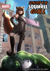 Rule 34 | 2girls, animal ears, autumn-sacura, bodysuit, breasts, brown hair, building, character name, closed eyes, colored skin, copyright name, dark persona, domino mask, doreen green, english text, green hair, green skin, hands on own hips, highres, jennifer walters, large breasts, leotard, marvel, mask, medium breasts, multiple girls, muscular, pouch, red eyes, rubble, she-hulk, skyscraper, smile, squirrel ears, squirrel girl, squirrel girl (marvel), squirrel tail, tail, thigh pouch, thigh strap, torn bodysuit, torn clothes, torn leotard