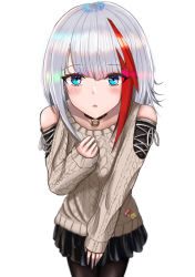 Rule 34 | 1girl, 3kneko, :o, admiral graf spee (azur lane), admiral graf spee (peaceful daily life) (azur lane), arm up, azur lane, black choker, black skirt, black thighhighs, blue eyes, blush, brown sweater, choker, collarbone, feet out of frame, grey hair, leaning forward, long sleeves, looking at viewer, medium hair, multicolored hair, official alternate costume, open mouth, pantyhose, skirt, solo, standing, streaked hair, sweater, thighhighs, white background