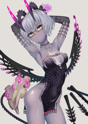Rule 34 | 1girl, absurdres, armpits, bare shoulders, black dress, breasts, choker, cleavage, collarbone, colored skin, detached sleeves, dress, fate/grand order, fate (series), glasses, grey hair, grey skin, highres, horns, jacques de molay (foreigner) (fate), jacques de molay (foreigner) (third ascension) (fate), jacques de molay (saber) (fate), looking at viewer, medium breasts, pectorals, short dress, short hair, smile, solo, yamachi (xadp7533), yellow eyes
