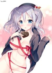 Rule 34 | 10s, 1girl, beret, blue eyes, blush, bottomless, breasts, candy, chocolate, chocolate heart, cleavage, collarbone, commentary request, convenient censoring, food, hat, heart, holding, kantai collection, kashima (kancolle), large breasts, long hair, looking at viewer, naked shirt, navel, no bra, no panties, open clothes, open mouth, open shirt, red ribbon, ribbon, shirt, sidelocks, silver hair, smile, solo, sousouman, tsurime, twintails, valentine, wavy hair