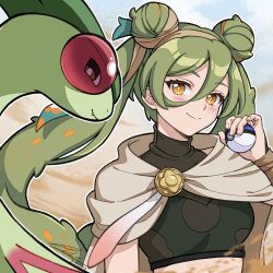 Rule 34 | 1girl, blue sky, breasts, cloak, closed mouth, cloud, colored skin, commentary request, creatures (company), crop top, double bun, eyelashes, fang, flygon, game freak, gen 3 pokemon, great ball, green hair, green skin, ground miku (project voltage), hair between eyes, hair bun, hatsune miku, highres, holding, holding poke ball, long hair, medium breasts, nintendo, orange eyes, poke ball, pokemon, pokemon (creature), project voltage, sky, smile, twintails, upper body, vocaloid, white cloak, zibysart