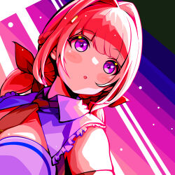 Rule 34 | 1girl, :o, assault lily, black background, blue background, blush, braid, breasts, collared shirt, commentary request, dutch angle, french braid, frilled shirt, frills, gradient background, hair intakes, hair ribbon, highres, limited palette, looking ahead, looking to the side, low twintails, medium breasts, medium hair, multicolored background, necktie, nifu (nixets), odaiba girls high school uniform, otake sunao, parted lips, pink background, purple background, purple eyes, red hair, red necktie, red ribbon, ribbon, school uniform, shirt, short twintails, sleeveless, sleeveless shirt, solo, twintails, upper body, white background, white shirt