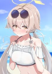 Rule 34 | 1girl, absurdres, beach, bikini, blue archive, blush, breasts, clothes lift, collarbone, eyewear on head, frilled bikini, frills, halo, hifumi (blue archive), hifumi (swimsuit) (blue archive), highres, lifting own clothes, light brown hair, long hair, looking at viewer, low twintails, navel, off-shoulder bikini, off shoulder, official alternate costume, ribbon-trimmed bikini, ribbon-trimmed swimsuit, ribbon trim, round eyewear, small breasts, solo, sunglasses, swimsuit, twintails, uro kohara, white bikini, winged halo, yellow eyes, yellow halo