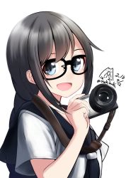 Rule 34 | 1girl, :d, black-framed eyewear, blue eyes, blue neckerchief, blue sailor collar, braid, camera, commentary request, copyright request, dated, glasses, grey hair, holding, long hair, looking at viewer, neckerchief, nekobaka, open mouth, sailor collar, school uniform, serafuku, short sleeves, signature, simple background, smile, solo, twitter username, upper body, white background