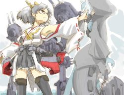 Rule 34 | 10s, 1girl, abyssal ship, cannon, glasses, grey eyes, grey hair, hair ornament, hood, kantai collection, kirishima (kancolle), nontraditional miko, ohyo, personification, re-class battleship, ribbon-trimmed sleeves, ribbon trim, short hair, solo, tail, teeth, weapon, wide sleeves