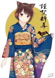 Rule 34 | 1girl, 2018, animal ears, arm at side, artist name, blue kimono, blush, burenbo, circle, closed eyes, closed mouth, commentary request, dated, dog, floral print, flower, furisode, hair bun, hair flower, hair ornament, happy new year, highres, japanese clothes, kimono, looking at viewer, new year, original, print kimono, sash, signature, simple background, single hair bun, smile, solo, standing, translation request, wide sleeves