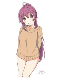 Rule 34 | 1girl, blush, brown sweater, closed mouth, commentary request, cowboy shot, highres, long hair, long sleeves, looking at viewer, pilolimaru, ponytail, purple eyes, purple hair, signature, simple background, smile, solo, standing, sugiura ayano, sweater, white background, yuru yuri
