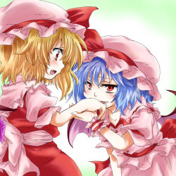 Rule 34 | 2girls, bat wings, blonde hair, blue hair, blush, bow, eye contact, fang, flandre scarlet, gradient background, hand on mouth, hat, hat ribbon, holding another&#039;s wrist, kiss, kissing hand, looking at another, mob cap, multiple girls, open mouth, red eyes, remilia scarlet, ribbon, short hair, siblings, simple background, sisters, skirt, skirt set, touhou, unya, wings, wrist cuffs