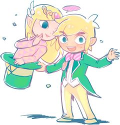 Rule 34 | 1boy, 1girl, blonde hair, blue eyes, bone (stare), bow, bowtie, contemporary, formal, hat, link, long hair, nintendo, one eye closed, pointy ears, princess zelda, smile, suit, super smash bros., the legend of zelda, the legend of zelda: the wind waker, tiara, toon link, toon zelda, top hat, traditional bowtie