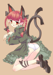 Rule 34 | 1girl, animal ears, braid, cat ears, cat girl, cat tail, fang, female focus, highres, kaenbyou rin, maitou, multiple tails, panties, red eyes, red hair, ribbon, solo, tail, touhou, twin braids, underwear