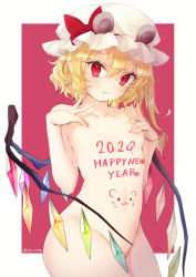 Rule 34 | 1girl, 2020, animal ears, blonde hair, bodypaint, breasts, closed mouth, collarbone, convenient censoring, covering nipples, covering privates, cowboy shot, fake animal ears, fang, fang out, flandre scarlet, happy new year, hat, hat ribbon, highres, honotai, looking at viewer, medium hair, mob cap, mouse ears, new year, nude, pointy ears, red eyes, ribbon, small breasts, solo, touhou, twitter username, two-tone background, white background, white hat, wing censor, wings