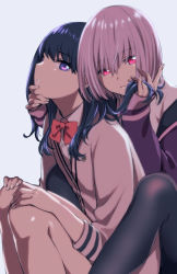 Rule 34 | 2girls, bare legs, between legs, black hair, black pantyhose, blue eyes, bow, bowtie, cardigan, closed mouth, collared shirt, commentary request, frottage, grabbing another&#039;s chin, grey background, gridman universe, hair over eyes, hand on another&#039;s chin, hands on own knees, holding another&#039;s hair, jacket, kamekoya sato, knees up, leaning forward, light purple hair, long hair, long sleeves, looking at viewer, multiple girls, off shoulder, pantyhose, parted lips, purple jacket, red bow, red eyes, red neckwear, school uniform, shinjou akane, shiny skin, shirt, simple background, sitting, sleeves past wrists, ssss.gridman, straight hair, takarada rikka, thighs, white cardigan, white shirt, yuri
