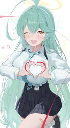 Rule 34 | 1girl, ;d, absurdres, ahoge, aqua hair, bandaid, bandaid on leg, black skirt, blue archive, blush, breasts, chest harness, edible sus, halo, harness, heart, heart-shaped boob challenge, heart hands, highres, huge ahoge, huge breasts, id card, large breasts, long hair, looking at viewer, miniskirt, one eye closed, open mouth, plaid, plaid skirt, pleated skirt, school uniform, shirt, shirt tucked in, skirt, smile, solo, standing, standing on one leg, very long hair, white shirt, yellow eyes, yume (blue archive)