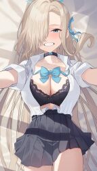 Rule 34 | 1girl, absurdres, asuna (blue archive), black bra, black skirt, blue archive, blue eyes, blue ribbon, blush, bra, breasts, cleavage, highres, large breasts, light brown hair, long hair, looking at viewer, lying, ojisan kamo shiremasen, on back, open clothes, open shirt, ribbon, school uniform, skirt, smile, solo, underwear, very long hair