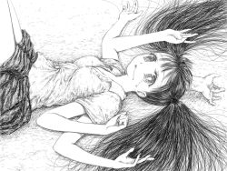 Rule 34 | 1girl, breasts, greyscale, legs up, looking at viewer, lying, monochrome, monoko, on back, pleated skirt, skirt, solo, twintails, upper body, xai, yume nikki