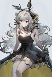 Rule 34 | 1girl, arknights, bare arms, bare shoulders, black dress, breasts, clear (4ff44f), commentary request, dress, feet out of frame, grey background, highres, long hair, looking at viewer, red eyes, silver hair, simple background, skirt hold, small breasts, smile, solo, spaghetti strap, very long hair, weedy (arknights)