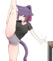 Rule 34 | 1girl, :o, alternate costume, animal ears, arknights, bare legs, black shirt, breasts, cat ears, cat tail, commentary, cowboy shot, english commentary, green eyes, grey shorts, highres, jessica (arknights), k0ng, large breasts, leg up, looking at viewer, multicolored hair, open mouth, pink hair, ponytail, purple hair, shirt, short hair, short ponytail, short shorts, short sleeves, shorts, sidelocks, simple background, solo, split, standing, standing on one leg, standing split, table, tail, thighs, white background