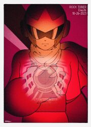 Rule 34 | 1boy, commentary, core, dated, english commentary, english text, helmet, highres, male focus, mega man (classic), mega man (series), nctn patch, proto man, red theme, robot, scarf, solo, sunglasses, yellow scarf