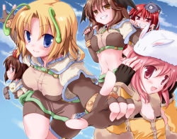Rule 34 | 5girls, antennae, apple, apple o archer, apple on head, arrow (projectile), bad id, bad pixiv id, bike shorts, bird, black wings, blonde hair, blue eyes, breasts, brown eyes, brown gloves, brown hair, brown shirt, brown shorts, brown skirt, clenched teeth, closed mouth, commentary request, crop top, demon wings, elbow gloves, falcon, feet out of frame, fingerless gloves, food, fruit, fur-trimmed gloves, fur-trimmed shirt, fur trim, gloves, grin, hair between eyes, head wings, hizukiryou, hunter (ragnarok online), jacket, large breasts, looking at viewer, lunatic (ragnarok online), medium breasts, medium hair, midriff, miniskirt, multiple girls, navel, open mouth, parted bangs, pink hair, rabbit, ragnarok online, red eyes, red hair, shirt, short hair, short shorts, short sleeves, shorts, shorts under skirt, skirt, smile, sniper (ragnarok online), teeth, two-tone shirt, white jacket, wings, wristband, yellow shirt