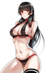 Rule 34 | 1girl, alternate costume, arms behind back, ayakumo, bikini, black bikini, black hair, black thighhighs, blunt bangs, bound, bound arms, breasts, choker, cleavage, collarbone, facing viewer, hair ribbon, isokaze (kancolle), kantai collection, large breasts, long hair, looking to the side, navel, parted lips, red bikini, red choker, red eyes, ribbon, single thighhigh, solo, sweatdrop, swimsuit, tearing up, thighhighs, tress ribbon, two-tone bikini, white background