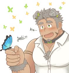 Rule 34 | 1boy, animal ears, bara, bare shoulders, blue butterfly, blush, body fur, bug, butterfly, chest hair, collared shirt, dog boy, dog ears, fangs, from side, genki (gen2 genki), gomeisa (live a hero), green eyes, grey hair, hair strand, highres, insect, live a hero, long sideburns, male focus, muscular, muscular male, pectoral cleavage, pectorals, raised eyebrows, shirt, short hair, sideburns, sleeveless, sleeveless shirt, solo, tattoo, thick eyebrows, tribal tattoo, upper body