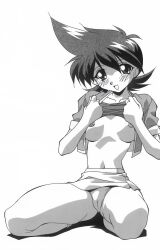 Rule 34 | 1girl, absurdres, artist request, bakuten shoot beyblade, beyblade, blush, breasts, dress, greyscale, highres, looking at viewer, medium breasts, medium hair, monochrome, navel, nipples, open mouth, panties, simple background, smile, solo, source request, tachibana hiromi, underwear, white background