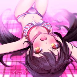 Rule 34 | 1girl, :d, bare shoulders, bikini, black hair, blush, breasts, brown eyes, character request, collarbone, flower, groin, hair flower, hair ornament, idolmaster, ittokyu, long hair, low twintails, lying, medium breasts, navel, on back, open mouth, pink flower, signature, smile, solo, striped bikini, striped clothes, swimsuit, twintails, very long hair