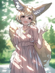 Rule 34 | 1girl, :d, animal ear fluff, animal ears, bag, blonde hair, brown eyes, collarbone, commentary request, day, dress, fox ears, fox girl, fox tail, hair ornament, hairclip, hand up, highres, open mouth, original, outdoors, puffy short sleeves, puffy sleeves, short sleeves, shoulder bag, smile, solo, tail, white dress, yuuji (yukimimi)