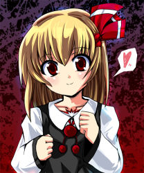 Rule 34 | 1girl, blonde hair, blush, embodiment of scarlet devil, fa no hito, female focus, hair ribbon, heart, looking at viewer, necktie, red eyes, ribbon, rumia, smile, solo, spoken heart, touhou, upper body