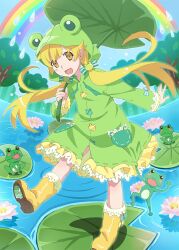 1girl animal animal_hood black_eyes blonde_hair blue_bow blush_stickers boots bow fangs flower footwear_bow frills frog frog_hair_ornament frog_hood frog_raincoat green_bow green_raincoat hair_bow hair_ornament hair_ribbon holding holding_leaf holding_umbrella hood hood_up leaf leaf_umbrella lily_pad long_hair long_sleeves looking_at_viewer lotus monogatari_(series) monogatari_series_puc_puc official_art open_mouth oshino_shinobu outdoors outstretched_arm pink_flower pointy_ears rain rainbow ribbon rubber_boots solo third-party_source twintails umbrella watanabe_akio water water_drop yellow_bow yellow_eyes yellow_footwear