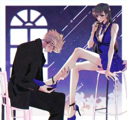 Rule 34 | 1boy, 1girl, bare legs, bare shoulders, black hair, blonde hair, blue dress, blue eyes, blue footwear, blush, breasts, chair, cleavage, cloud strife, couple, crescent, crescent earrings, crescent moon, dress, earrings, final fantasy, final fantasy vii, final fantasy vii remake, formal, high heels, indoors, jewelry, jj (gamejj ), large breasts, legs, long hair, looking at another, moon, neck ribbon, official alternate costume, red eyes, ribbon, sitting, sleeveless, sleeveless dress, smile, spiked hair, square enix, tifa lockhart, tifa lockhart (refined dress), wall market