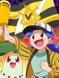 Rule 34 | 1girl, :d, baseball cap, belt, belt buckle, blush, brown belt, brown eyes, buckle, casey (pokemon), character print, chikorita, clenched hand, commentary request, creatures (company), electabuzz, flag, game freak, gen 1 pokemon, gen 2 pokemon, green shirt, hat, highres, holding, jacket, long hair, nintendo, open clothes, open jacket, open mouth, pokemon, pokemon (anime), pokemon (classic anime), pokemon (creature), purple hair, quriltai, shirt, smile, star (symbol), tongue, twintails, white headwear, yellow jacket