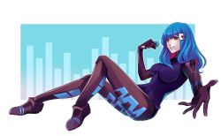 Rule 34 | 1girl, absurdres, android, blue hair, breasts, colored skin, commentary, commission, cyberpunk, english commentary, full body, highres, holding, holding microphone, idol, invisible chair, kira miki, large breasts, long legs, medium hair, microphone, music, outstretched hand, reclining, red eyes, robot ears, singing, sitting, skin tight, solo, va-11 hall-a, white skin